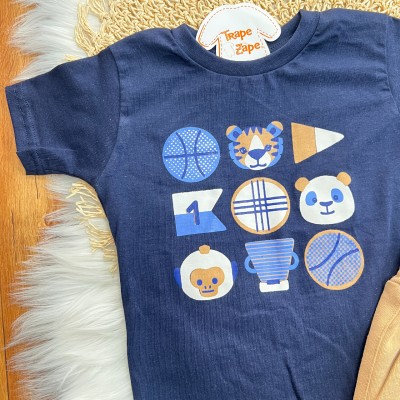 Conj. Camiseta Macaquinho, Tigre e Urso TEAM com Bermuda em Moletinho - Marinho e Areia